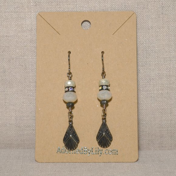 Hand Crafted Handmade Earrings Cream Czech Glass Art Deco Dangle Long Ea… - Picture 2 of 5
